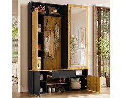 MIVRAY Halmeubel Met Spiegel En Kapstok - Ruime Opbergoplossing Voor Hal En Entree - MDF - Zwart En Naturel - 127x35x180,5 Cm