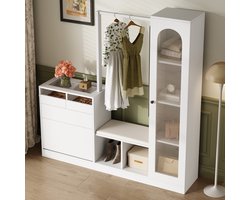 MIVRAY Halmeubel - Multifunctionele Opbergcombinatie Met Ledverlichting En Spiegel - Voor Hal En Slaapkamer - Spaanplaat - Wit - 163x50x161 Cm