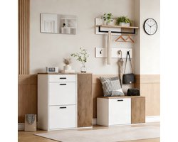 MIVRAY Halmeubelset - 5 Delig Met Schoenkast, Zitbank En Spiegel - Voor Hal En Entree - Spaanplaat Wit Eiken