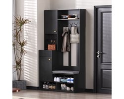 MIVRAY Halmeubelset - Garderobe Met Zitbank, Deuren En Lades - Met Haken En Lochwand Voor Entree En Hal - MDF - Zwart - 100x180x35 Cm