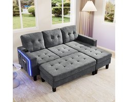 MIVRAY Hoekbank 156 x 115 cm - Modulaire Slaapbank Met Verplaatsbare Hocker En Ledverlichting - Woonkamer - Chenille Grijs
