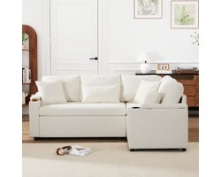 MIVRAY Hoekbank 206,5 x 141 x 86 cm - Uitschuifbare Slaapfunctie Met Opbergruimte En USB - Voor Woonkamer En Logeerkamer - Chenille Beige