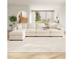 MIVRAY Hoekbank 313 x 147 cm - Modulair Met Opbergruimte En Oplaadpoorten - Voor Woonkamer En Lounge - Chenille Beige