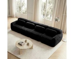 MIVRAY Hoekbank – 4-Zits Modulair Zonder Montage Met Kussens En Ottomaan – Voor Woonkamer En Slaapkamer – Pluche Zwart