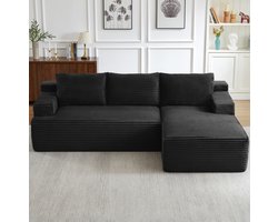 MIVRAY Hoekbank - L-Vormige Modulaire Slaapbank - Diep Zitcomfort Zonder Montage - Voor Woonkamer en Logeerkamer - Ribstof - Zwart
