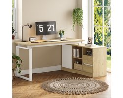 MIVRAY Hoekbureau - L-Vormig Bureau Met Opbergruimte En 2 Lades - Voor Kantoor En Studiehoek - MDF En Metaal - 152x113,5x76 Cm - Naturel Wit