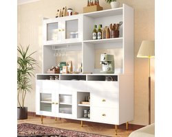 MIVRAY Hoge Kast - Glazen Deur Met Wijnglasrek En Laden - Ruime Opbergindeling Voor Keuken En Eetkamer - MDF Wit - 145x39x171 Cm