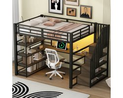 MIVRAY Hoogslaper 140x200 cm - Met Bureau En Opbergtrap Met Led Verlichting En Oplaadpunt - Met Boekenkast - Metaal En MDF - Zwart