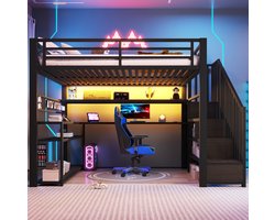 MIVRAY Hoogslaper 140x200 cm Zonder Matras - Met Bureau, Kledingkast En Opbergruimte - Voor Gamingkamer En Studieruimte - Metaal MDF - Zwart