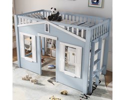 MIVRAY Hoogslaper 90x200 Cm - Kinderbed Met Ruimte Onder Bed En Omkeerbare Trap - Massief Hout En MDF - Wit Blauw - Zonder Matras