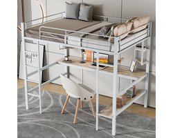 MIVRAY Hoogslaper 90x200 Cm - Met Bureau En Boekenkast - Met Opbergrekken - Metaal En MDF - Wit - Zonder Matras