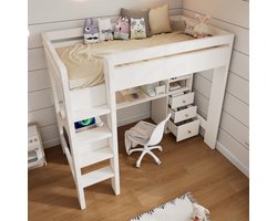 MIVRAY Hoogslaper 90x200 Cm - Met Hoekbureau, Regalen En Lades - Ruimtebesparend Voor Kinderkamer - Hout - Wit - Zonder Matras
