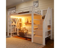 MIVRAY Hoogslaper 90x200 Cm - Met Opbergplanken En Opbergtrap - Met Led Lichtstrip - Voor Kinderkamer - Metaal Met MDF - Wit - Zonder Matras