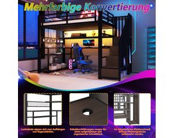 MIVRAY Hoogslaper 90x200 cm - Zonder Matras Met Bureau, Kledingkast En Ledverlichting - Met Opbergruimte - Metaal En MDF - Zwart