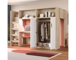 MIVRAY Hoogslaper 90x200cm - Met Bureau Kast Planken En Opbergvakken Met Ledverlichting - MDF Multiplex - Naturel Hout - Zonder matras
