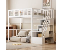 MIVRAY Hoogslaper 90x200cm - Met Veilige Opbergtrap En Werktafel - Ruimte Onder Bed Voor Spelen En Leren - Hout - Wit