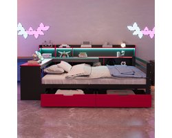MIVRAY Houten Slaapbank 140x200cm Zonder Matras - Met Bureau En Boekenkast - Met Lades En Opbergvakken - Met Ledverlichting En Stopcontacten - Zwart Rood
