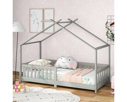 MIVRAY Huisbed Kinderbed 90x200cm - Bedframe Met Veiligheidshek En Lattenbodem - Kinder En Jeugdkamer - Massief Hout - Lichtgrijs - Zonder matras