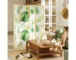 MIVRAY Kamerscherm – 4-Delig Opvouwbaar – 160 x 1,8 x 170 Cm – Hout – Natuurlijk Hout En Groen – Vrijstaand Voor Woon- En Werkruimte
