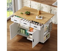 MIVRAY Keuken Eilandwagen Met Klapbaar Werkblad En Veel Opbergruimte Voor Keuken En Eetruimte MDF Natural White 120x70x84 Cm