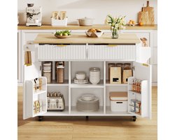 MIVRAY Keukeneiland Op Wielen Met Opklapbaar Werkblad 2 Lades 2 Deuren Kruidenrek En Handdoekhouder Voor Keuken Wit En Naturel MDF 143x45x89 5 Cm
