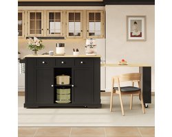 MIVRAY Keukeneiland - Verrijdbare Keukenwagen Met Uittrekbare Eettafel En Verstelbare Planken - Voor Keuken En Eten - MDF - Zwart Natuurlijk - 138 X 55 X 93 Cm