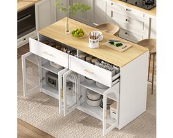 MIVRAY Keukeneiland - Vrijstaand Design Met Ledverlichting En Verstelbare Planken - Voor Keuken En Eetkamer - MDF - Wit - 135x55x91 Cm