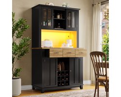 MIVRAY Keukenkast - Hoge Buffetkast Met Appgestuurde Led En Wijnrek - Opbergkast Voor Keuken En Woonkamer - MDF - Zwart