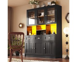 MIVRAY Keukenkast - Hoge Opbergkast Met Ledverlichting En Acryldeuren - Met 3 Laden En Verstelbare Planken - MDF - 140x40x175 Cm - Zwart