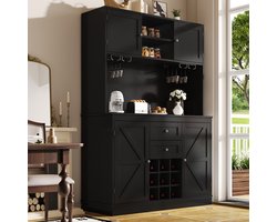 MIVRAY Keukenkast - Hoge Opbergkast Met Wijnrek En Verstelbare Planken - 4 Deuren 2 Lades Voor Keuken - MDF - Zwart - 120x40x188 Cm