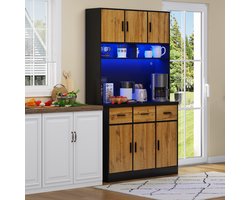 MIVRAY Keukenkast - Opbergkast Met Led En App Bediening - Met Stopcontact En Usb - Mdf Zwart En Naturel - 100x40x180 Cm