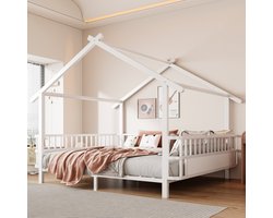 MIVRAY Kinderbed 140x200 Cm - Huisvormig Bed Met Veiligheidshekken En Dakframe - Zonder Matras Voor Jongens En Meisjes - Metaal - Wit