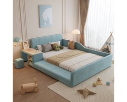 MIVRAY Kinderbed 140x200 Cm - Met Bureau En Hocker, Opbergvakken En Zachte Zijkanten - Zonder Matras - Fluweel - Blauw