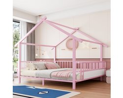 MIVRAY Kinderbed 140x200 cm Zonder Matras - Met Veiligheidsgitter en Huisvormig Dakframe - Voor Kinderkamer - Metaal - Roze