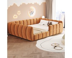 MIVRAY Kinderbed 140x200 cm Zonder Matras - Vloerbed Met Volledig Omsloten Gestoffeerd Design en Afgeronde Hoeken - Veilig Voor Kinderkamer - Stof - Oranje