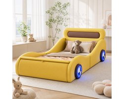 MIVRAY Kinderbed 90x200 cm - Autobed Met Verlichte Wielen en Opbergruimte - Zonder Matras Voor Kinderkamer en Jeugdkamer - Kunstleer - Geel