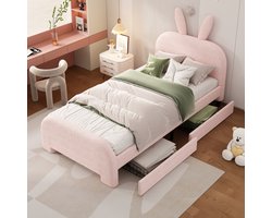 MIVRAY Kinderbed 90x200 Cm - Cartoon Konijn Hoofdbord Met 2 Lades - Met Opbergruimte - Pluche En MDF - Roze - Zonder Matras