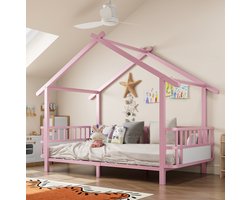 MIVRAY Kinderbed 90x200 cm - Eenpersoonsbed Zonder Matras Met Veiligheidshekken En Huisvormig Dakframe - Metaal - Roze