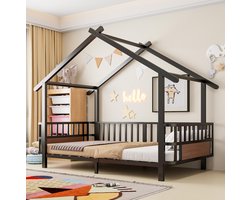 MIVRAY Kinderbed 90x200 cm - Huisvormig Bed Met Veiligheidshek en Decoratief Dakframe - Zonder Matras - Metaal - Zwart