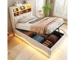 MIVRAY Kinderbed 90x200 Cm - Met Led Verlichting En Usb Aansluiting - Met Opbergruimte - Linnen En Metaal - Beige - Zonder Matras