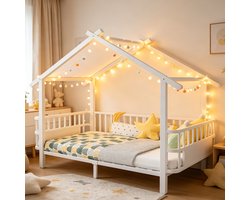 MIVRAY Kinderbed 90x200 cm Zonder Matras - Met Veiligheidshek en Huisvormig Dakframe - Met Lattenbodem - Metaal - Wit