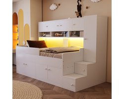 MIVRAY Kinderbed 90x200cm - Paneelbed Met Opbergruimte En Kledingkast - Met Veiligheidshek En Ledverlichting - Hout - Wit