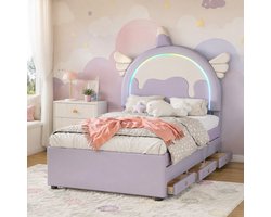 MIVRAY Kinderbed 90x200cm Zonder Matras - Eenpersoonsbed met Uittrekbed en Laden - Eenhoorn Design voor Kinderkamer - Kunstleer MDF - Paars