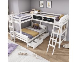 MIVRAY Kinderhoogslaper 140x200cm - Driepersoons Stapelbed Met Bureau En Opberglades - Met Trap En Veiligheidsrail - Massief Hout - Wit Eiken