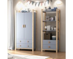 MIVRAY Kinderkast - Combinatie Met Kledingroede Open Vakken En Lades - Voor Kinderkamer Slaapkamer En Hal - Blauw Naturel - 160x44x180,5 Cm