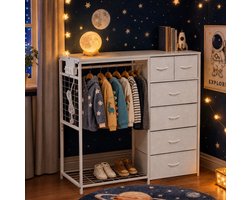 MIVRAY Kinderkledingkast - Open Opbergkast Met 6 Stoffen Lades En Stang - Voor Kinderkamer - MDF En Metaal - Wit - 125x40x120 Cm
