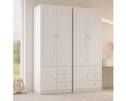 MIVRAY Kledingkast - 2-Delige Set Met Dubbele Deuren, Lades En Kledingstang - Voor Kinderkamer - MDF Wit Met Roze Keramische Handgrepen - 80 x 50 x 200 cm