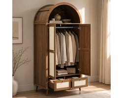 MIVRAY Kledingkast - Boogvorm Met 2 Deuren, 2 Lades En Kledingstang - Voor Slaapkamer - MDF En PE-Rotan - 80x55x180 Cm - Walnoot Beige