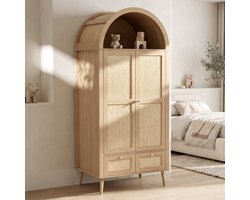 MIVRAY Kledingkast - Boogvorm Met Twee Deuren En Twee Laden - Kleding Opbergen In Slaapkamer - MDF En PE Rotan - 80x55x180 Cm - Eikenkleur