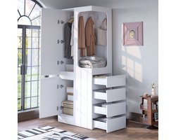 MIVRAY Kledingkast - Met Open Hanggedeelte En 4 Laden - Voor Slaapkamer Of Studio - Hout - 70x40x170 Cm - Wit
